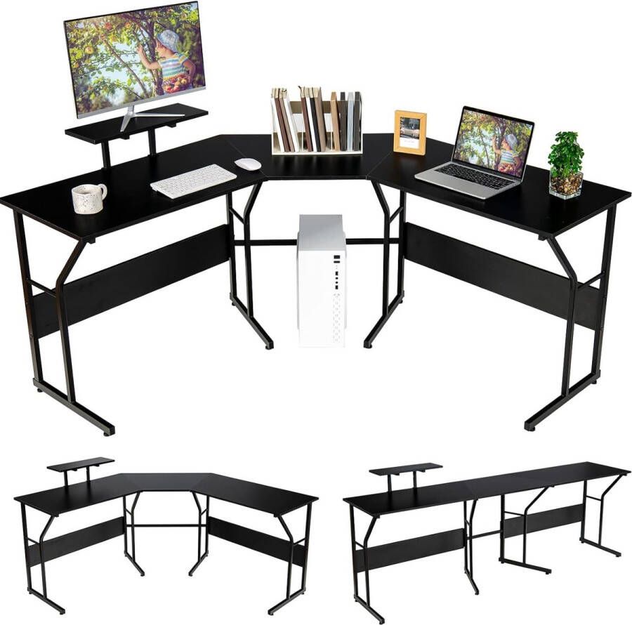 Hoekbureau omkeerbaar L-vormig bureau met monitorstandaard bureautafel computertafel pc-tafel gamingtafel voor gaming thuiskantoor (zwart)
