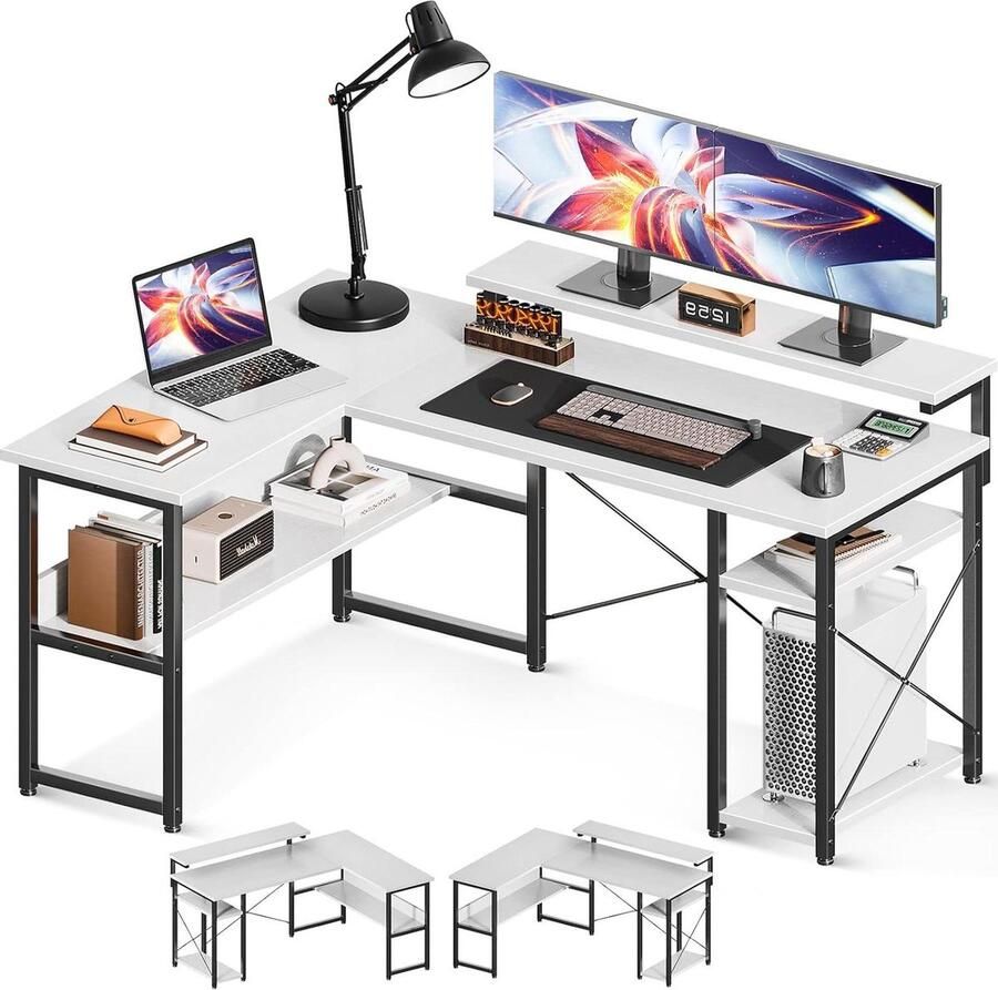 Bureautafel Omkeerbaar L-vormig hoekbureau met verstelbare monitorstandaard en opbergruimte Wit 137×102 cm