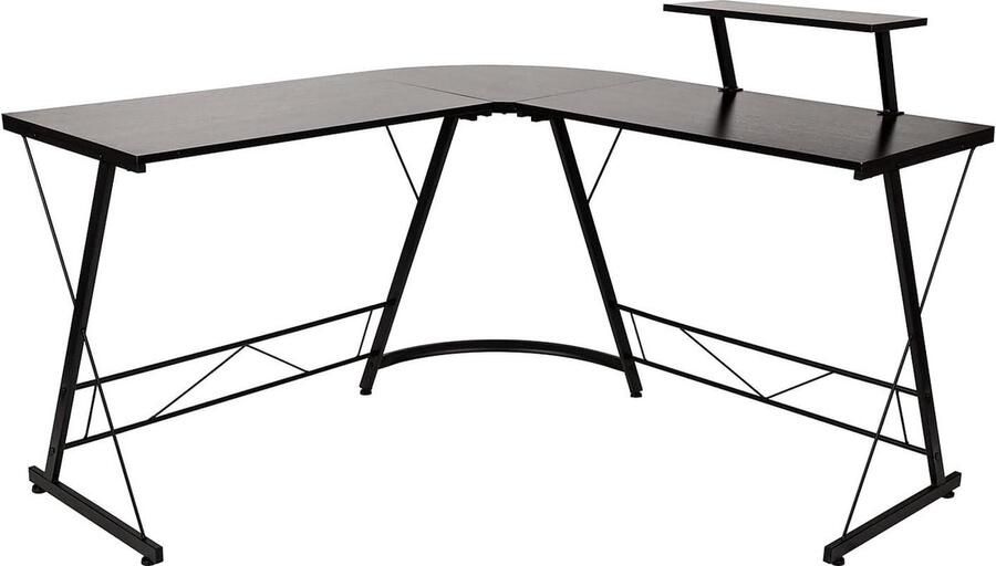 Hoekbureau Ruimtebesparend Zwart-Zwart L-vormig Gamingbureau Monitorplank 72 Inch 2 Laags Computerbureau Thuiskantoor Eenvoudig te Monteren Hoekbureau