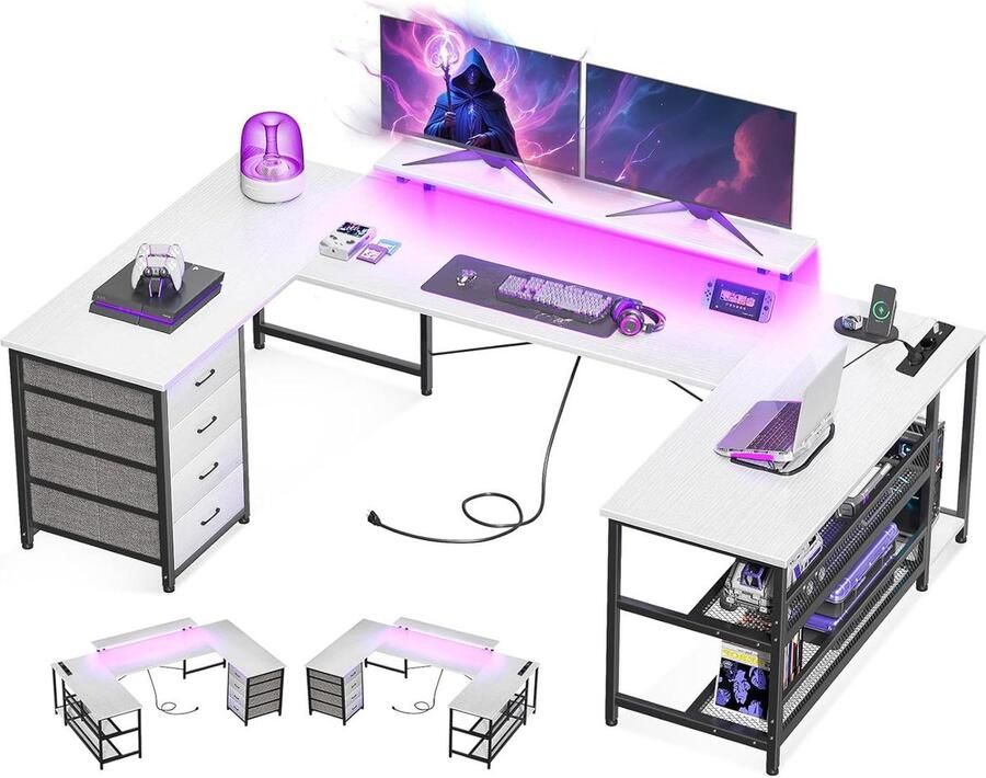 Hoekbureau U-vormig met 4 laden omkeerbaar bureau met stopcontacten en USB-oplaadpoorten gamingbureau met LED en monitorstandaard thuiskantoor 167×102cm wit Hoekbureau