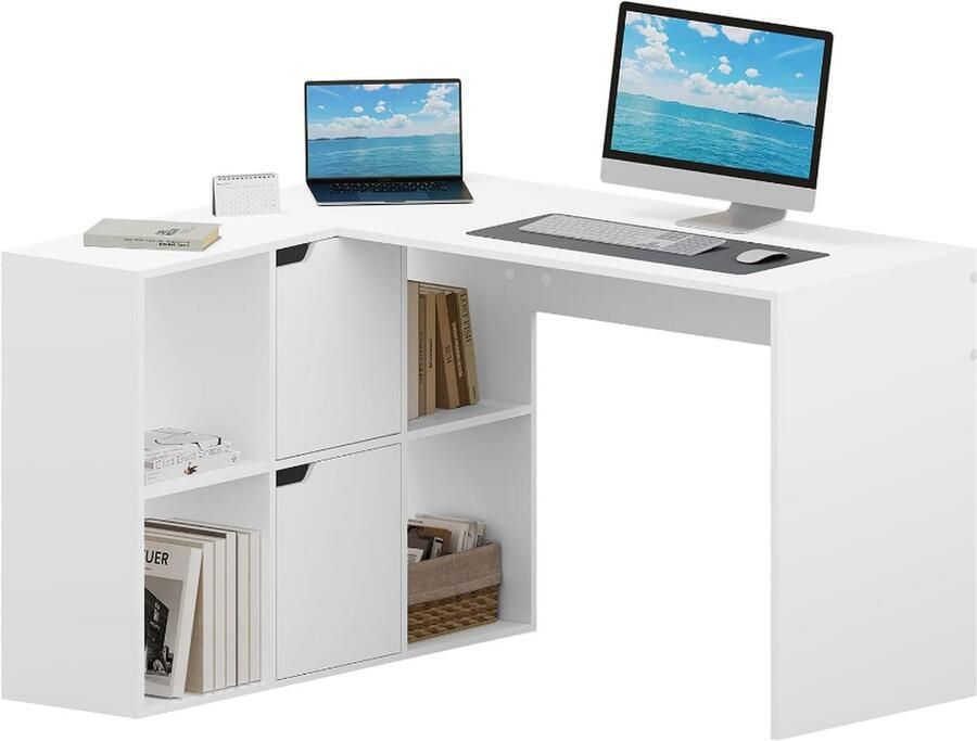 Hoekbureau van 120 cm met geïntegreerde planken voor extra opbergruimte. Dit L-vormige computerbureau is ontworpen om efficiënt gebruik te maken van ruimte met afmetingen van 118 x 100 cm. Uitgevoerd in wit biedt het een ruime werkplek voor compute