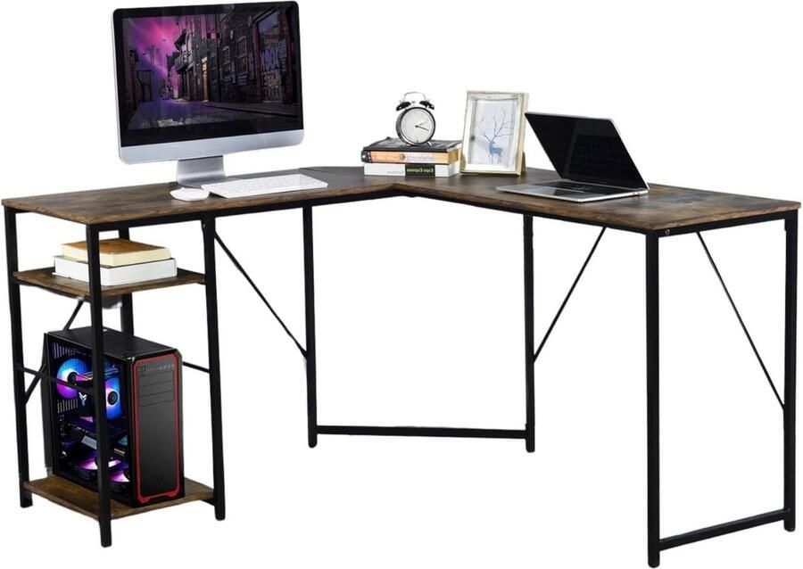 Bureautafel Vintage hoekbureau bruin hout zwart metaal MDF 136 x 127 x 75 cm retro stijl industriële look