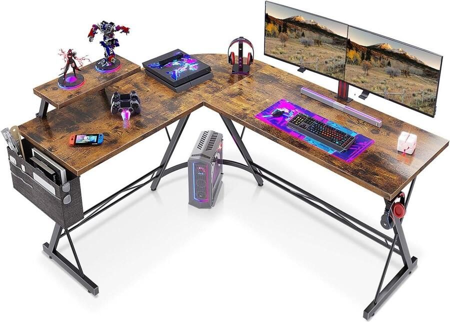 Hoekbureau voor gaming en pc met grote monitorstandaard L-vormig thuiskantoor en werkplek houtkleur 147 x 120 cm Hoekbureau