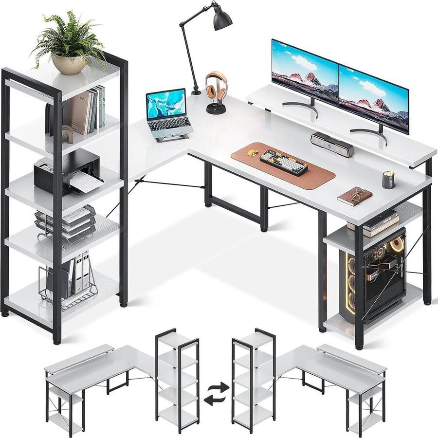 Hoekbureau wit met boekenkast Bureau L-vorm plank Computertafel lange monitorstandaard Thuiskantoor 155 x 140 cm Hoekbureau