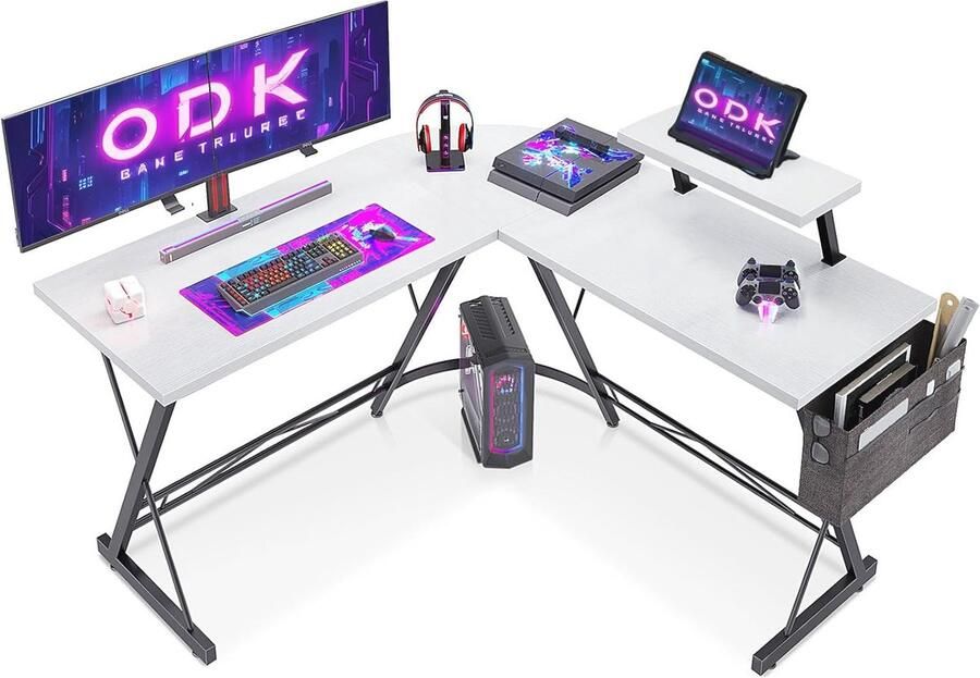 Hoekbureau wit met ronde hoek gaming desk met monitorplank 127 x 127 cm