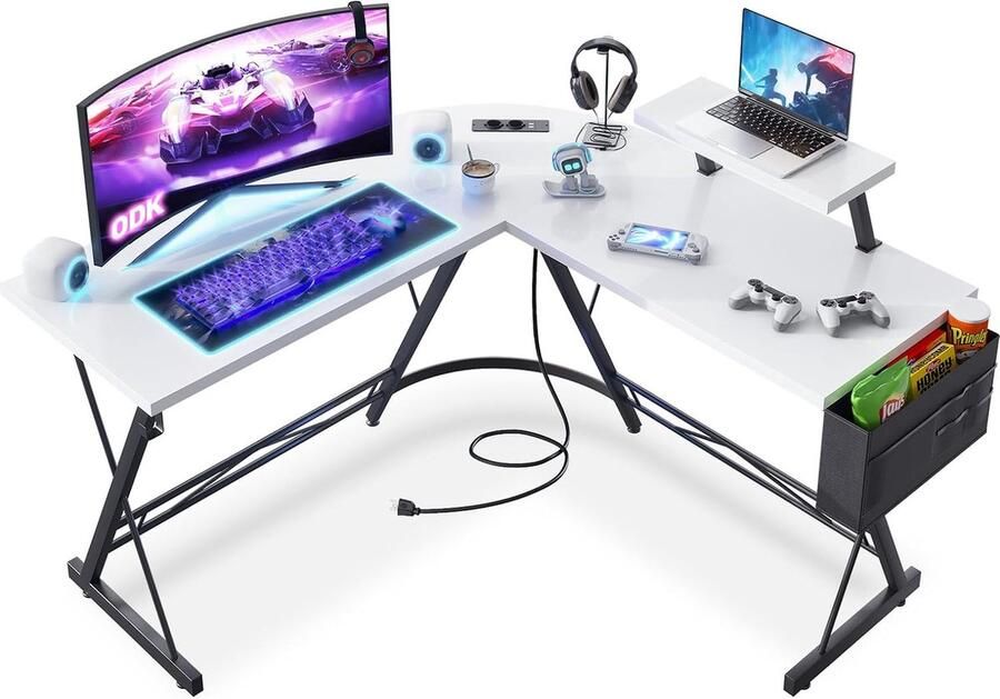 Hoekbureau wit met ronde hoek gamingtafel met monitorplank 127 x 127 cm inclusief stopcontacten en USB-oplaadaansluitingen
