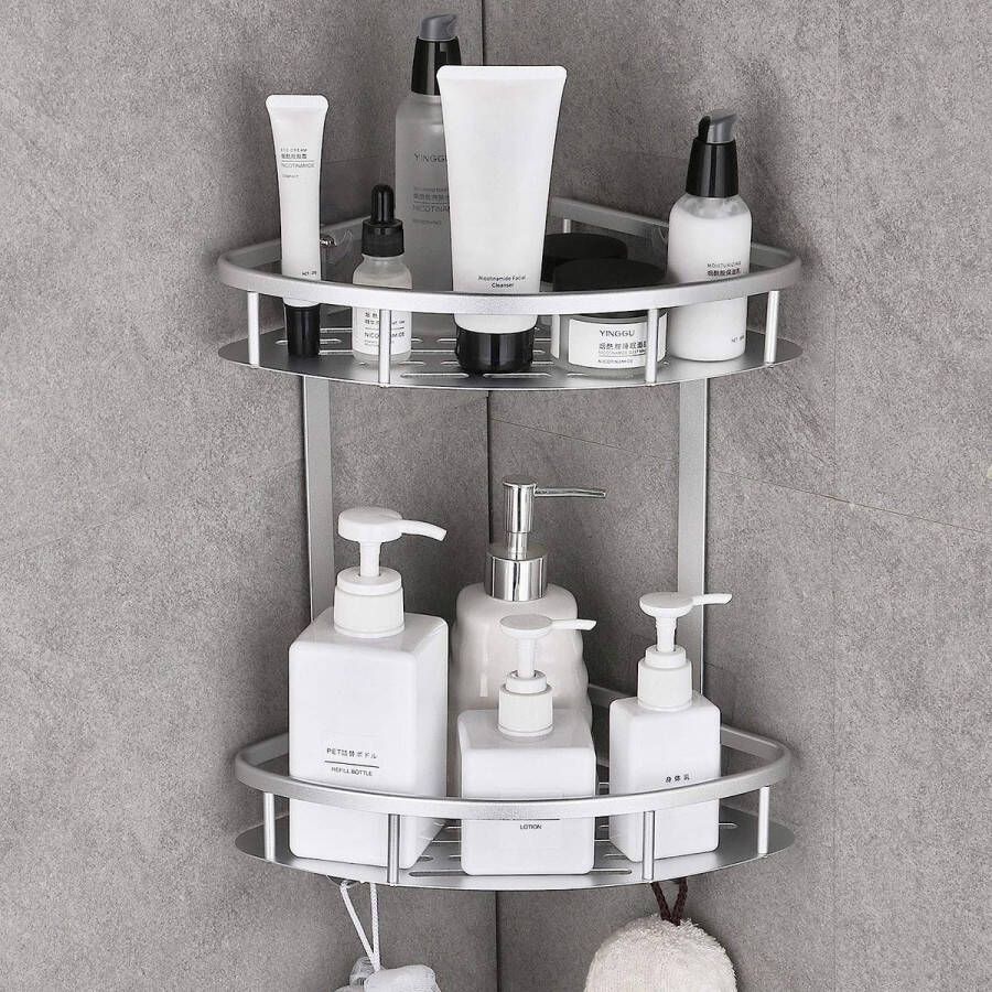 Hoekdoucheplank zonder boren zelfklevende doucheplank van ruimte-aluminium wandrek met 2 haken voor keuken en badkamer zilver