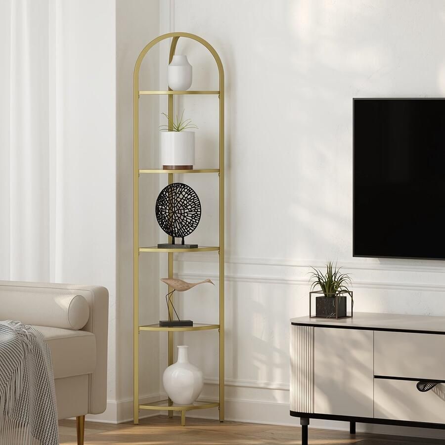Hoekkast 5 laags-hoekrek Gehard Glas Planken met Metalen Frame Modern Vrijstaande Opbergoplossing voor Woonkamer- Keuken- Badkamer Ruimtebesparende Huisdecoratie Organizer- Keukenschappenunit-Hedendaags Ontwerp-Stevige Constructie -GOUD