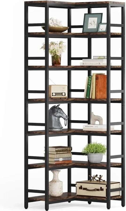 Hoekkast Boekenkast Hoekrek Woonkamer Slaapkamer 78.74” 7-Tier Hoog Ontwerp L-vormige Ruimtebesparende Planken – Stevig Metalen Frame & MDF Industriële Hoekboekenkast Chocolade