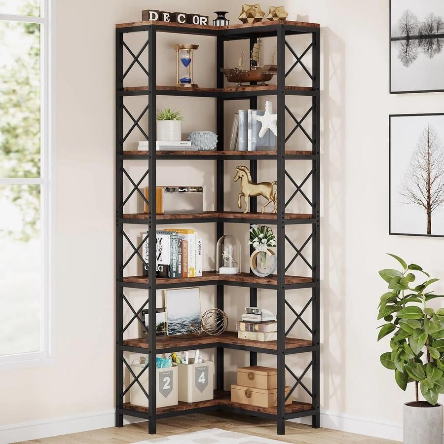 Hoekkast Boekenkast Hoekrek Woonkamer Slaapkamer 78.74” 7-Tier Hoog Ontwerp L-vormige Ruimtebesparende Planken – Stevig Metalen Frame & MDF Bruin