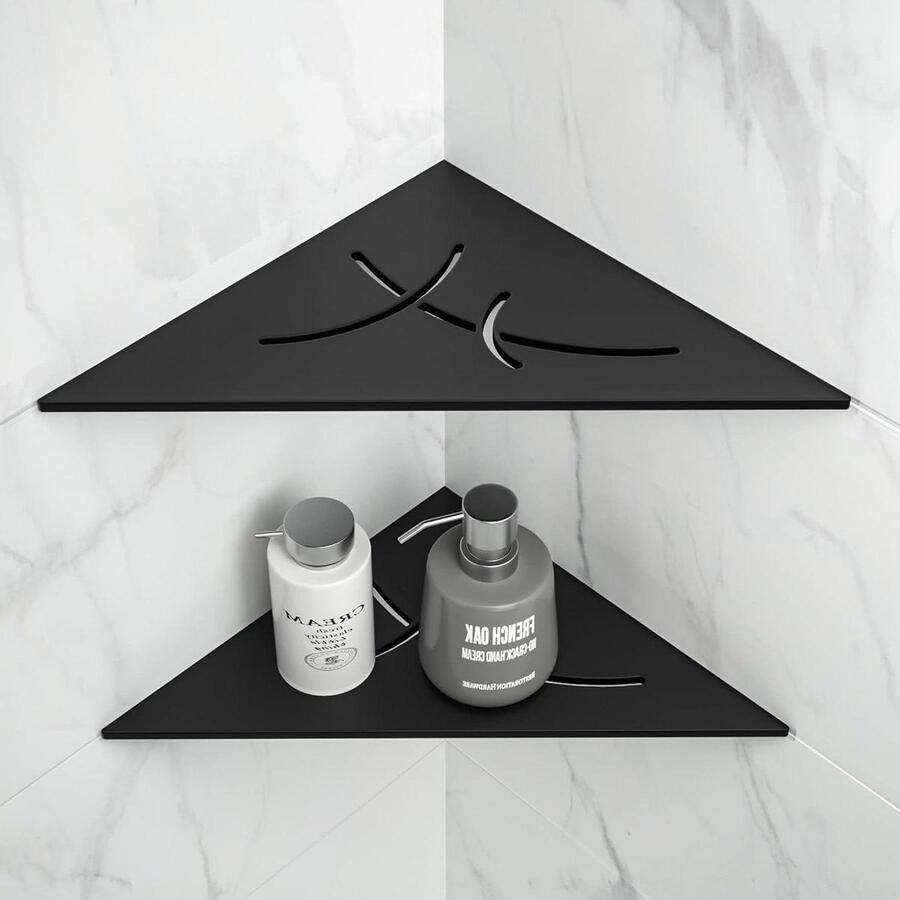 Zwart Hoekdoucheplank van 304 roestvrij staal voor Badkameropslag Set van 2 stuks met betegeld wandrek en driehoekig design. Opbergrek zonder boren 254 mm