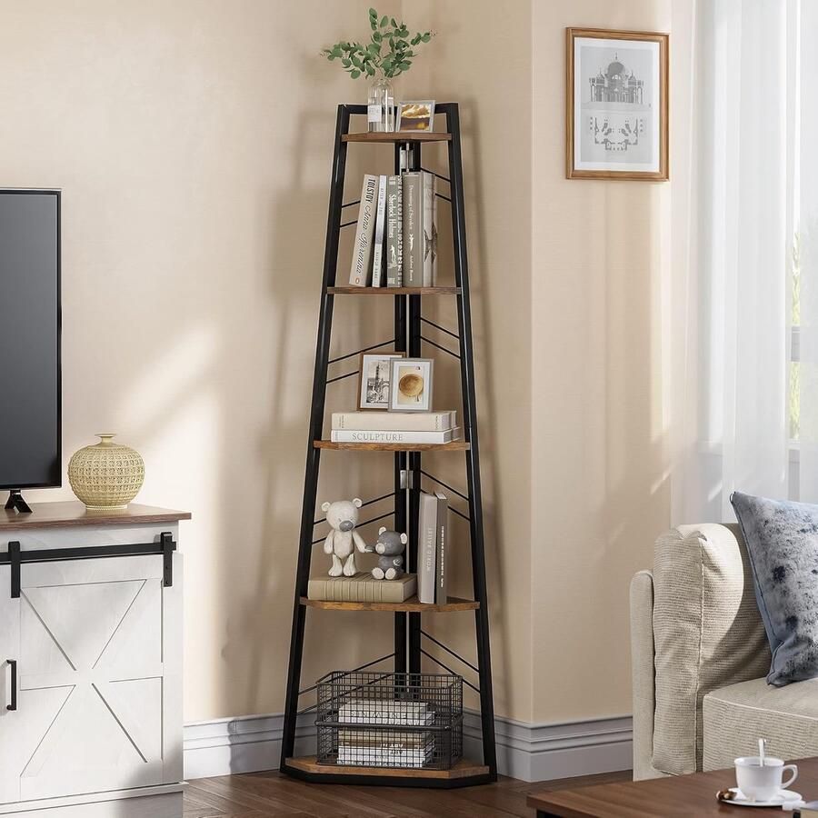 Hoekplank 5 niveaus industriële boekenplank moderne staande hoek boekenkast ladder plank houten open display rekken unit voor woonkamer hal thuiskantoor rustieke bruine boekenplank