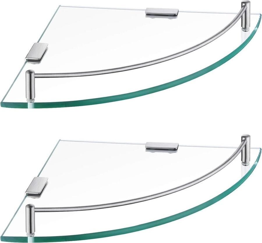 Hoekplank Badkamer Doucheplank van gehard glas met rail SUS 304 roestvrij staal Wandmontage Geborstelde afwerking Set van 2 BGS2101A-2-P2