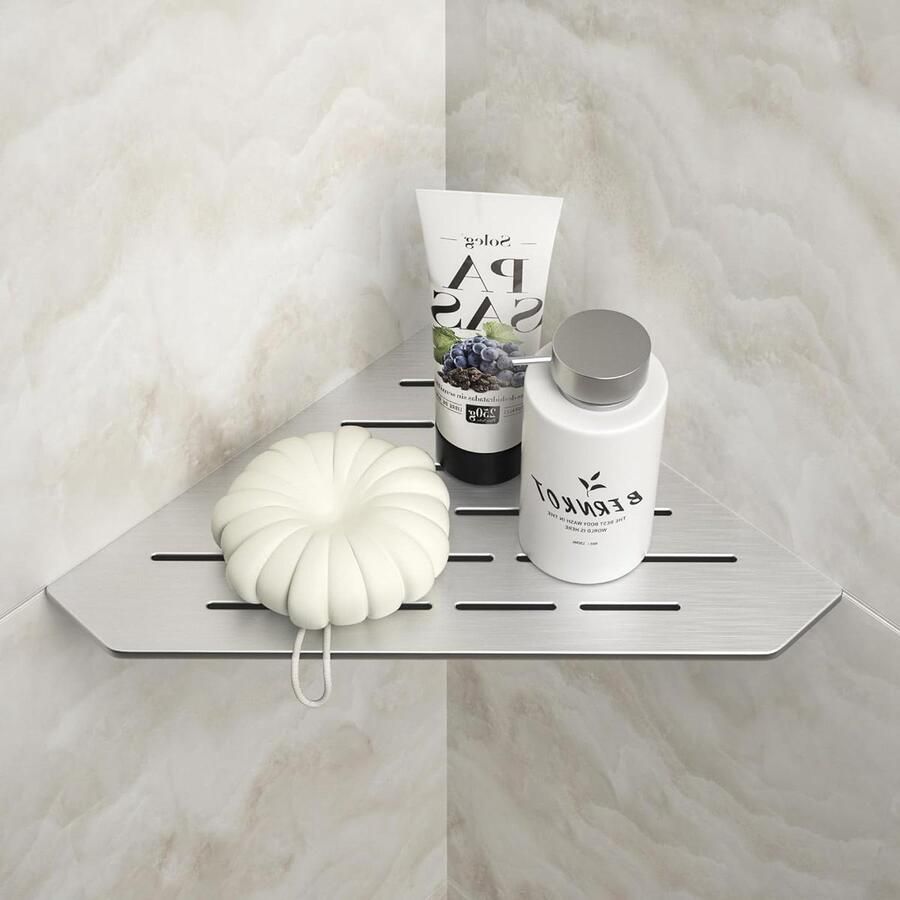 Hoekplank badkameropslag roestvrij staal 254mm Wandplank voor betegelde badkamerhoek zonder boren Zilverkleurig Vijfhoekig rek 1 stuk