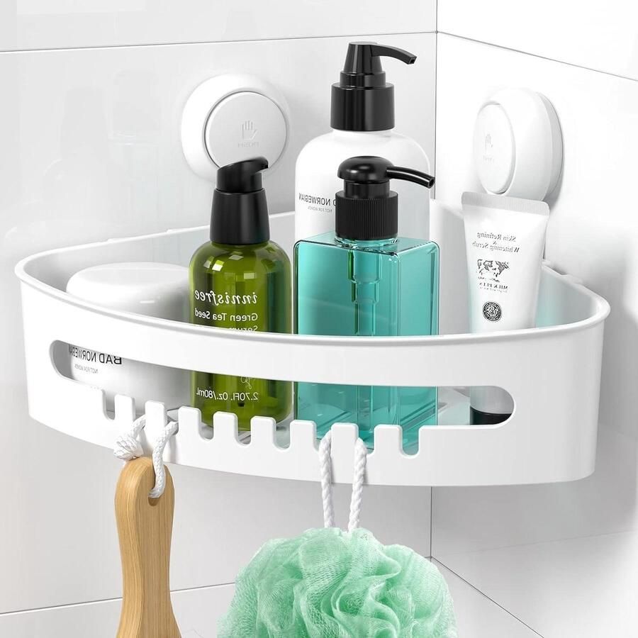 Hoekplank Douche Caddy Sterke Zuignap Badkamer Opslagmand Zonder Boren Shampoo-Wit