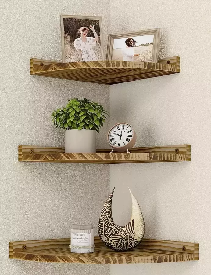Hoekplank Hangende Wandplank Hout Set van 3 Vintage Zwevende Planken Rustieke Hoekplanken voor Wand Boekenplank met Ronde Einde Zwevende Plank voor Badkamer Keuken Slaapkamer Woonkamer