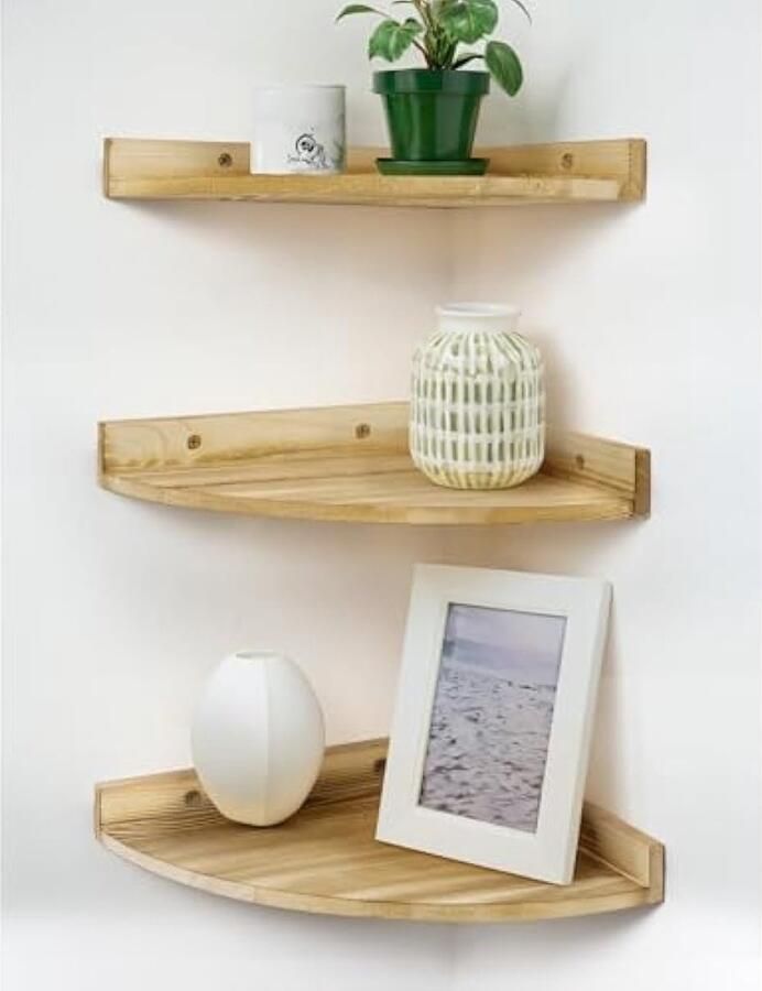 Hoekplank hangende wandplank van hout set van 3 grote vintage zwevende planken rustieke hoekplanken voor aan de muur boekenkast met ronde en zwevende plank voor keuken slaapkamer woonkamer