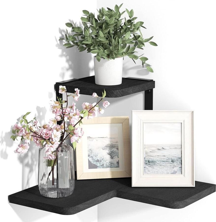 Hoekplank houten wandrek Vintage design 1 stuk Zwart Paulownia