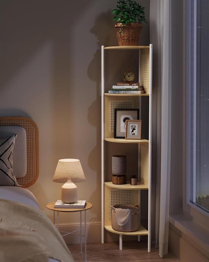 Hoekplank – Hoekkast – Met 5 niveaus – Rotan zijplaten – Van ebbenhout – Bruin