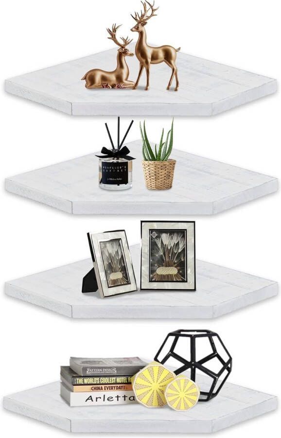 Hoekplank hout hangend hoekplank 4 etages zwevende plank hoekplank rustiek hangrek wandmontage zwevende planken hoek voor woonkamer badkamer keuken kantoor shabby wit - Foto 2