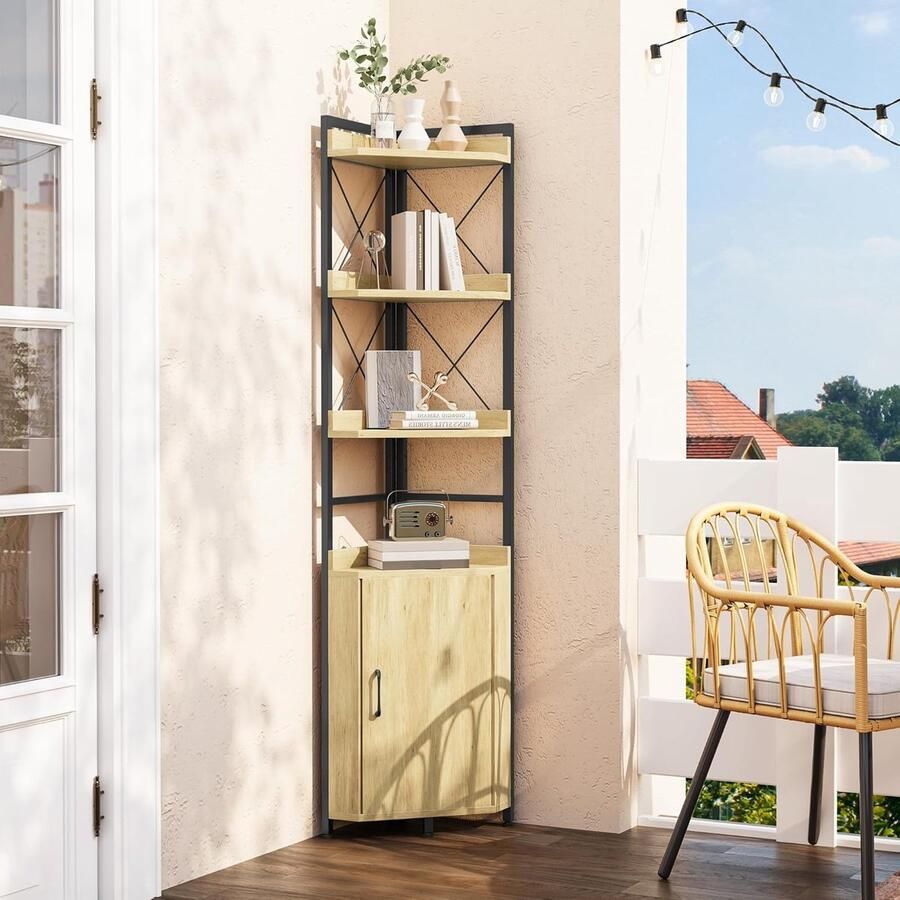 Hoekplank met 4 Niveaus – Industriële Boekenkast met Kast Vrijstaand Opbergrek in Houtkleur