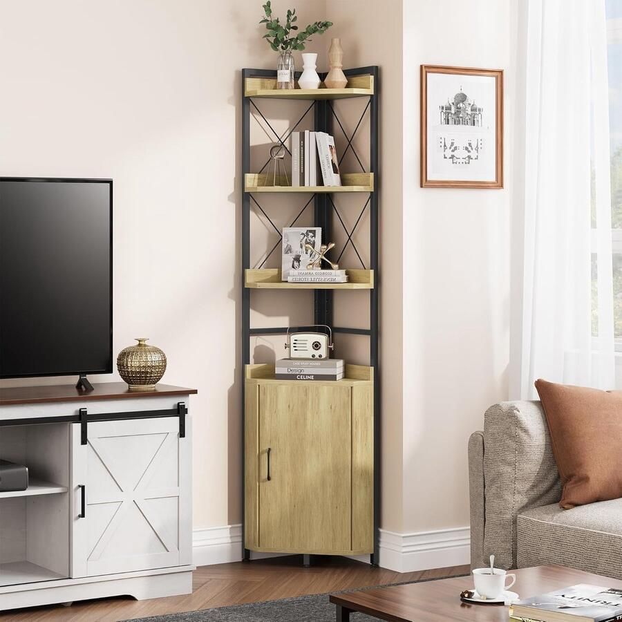 Hoekplank met 4 niveaus industriële boekenkast met kast vrijstaande boekenkasten opbergrekken voor woonkamer thuiskantoor hal staand rek in houtkleur