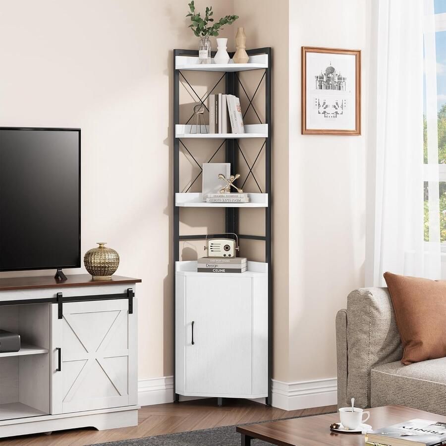 Goodivery Stijlvolle Vrijstaande Hoekplank met 4 Niveaus en Opbergkast voor Woonkamer en Kantoor