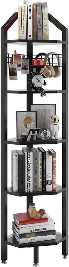 Staande hoekkast boekenkast met 5 planken draadgaas 28 x 28 x 176 cm ladderrek plantenrek voor woonkamer slaapkamer keuken balkon industrieel design zwart