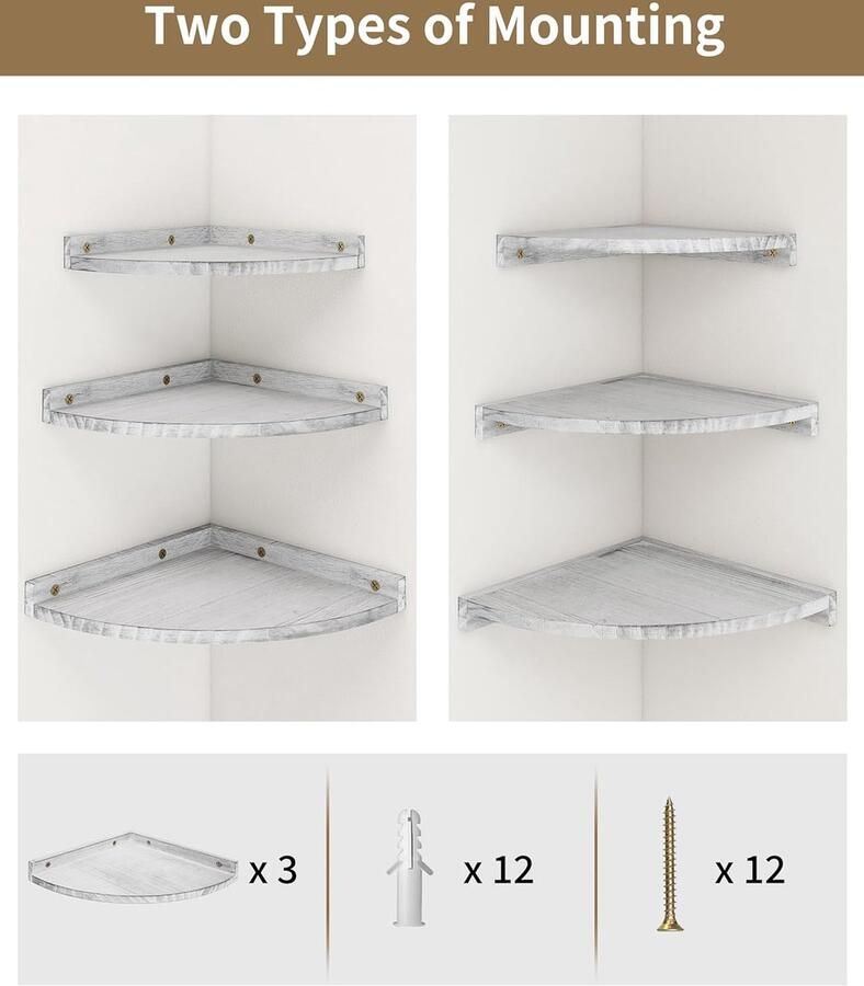 Hoekplank Opknoping Wandplank Hout Drijvende Planken Rustieke Hoekplanken voor Muur Boekenkast met Ronde En Drijvende Plank voor Badkamer Keuken Slaapkamer Woonkamer Wit