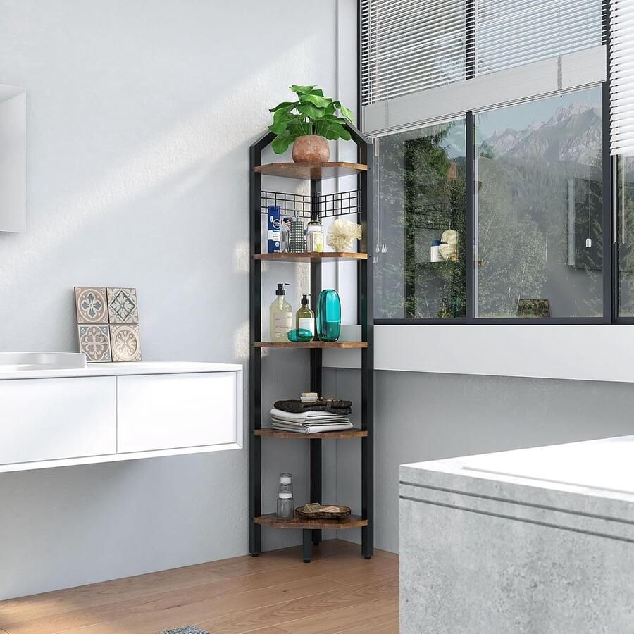 Hoekplank staand boekenkast met 5 planken draadgaas 28 x 28 x 180 cm ladderrek plantenrek voor woonkamer slaapkamer keuken balkon industrieel design vintage