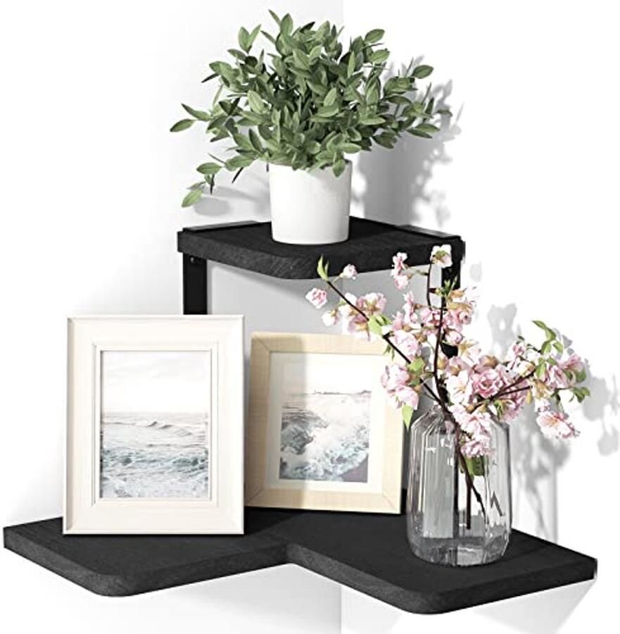 Hoekplank van Hout en Metaal Wandplank voor Decoratie en Opbergruimte in Woonkamer Slaapkamer Badkamer en Hal