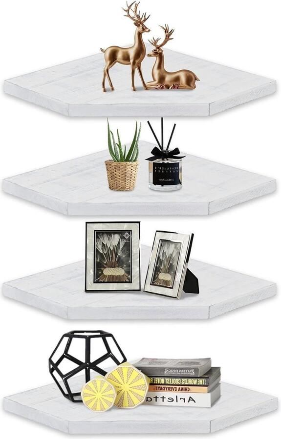 Hoekplank voor wandmontage Rustiek houten hangend hoekplank 4 etages zwevende plank Shabby wit Woonkamer badkamer keuken kantoor corner shelf wall