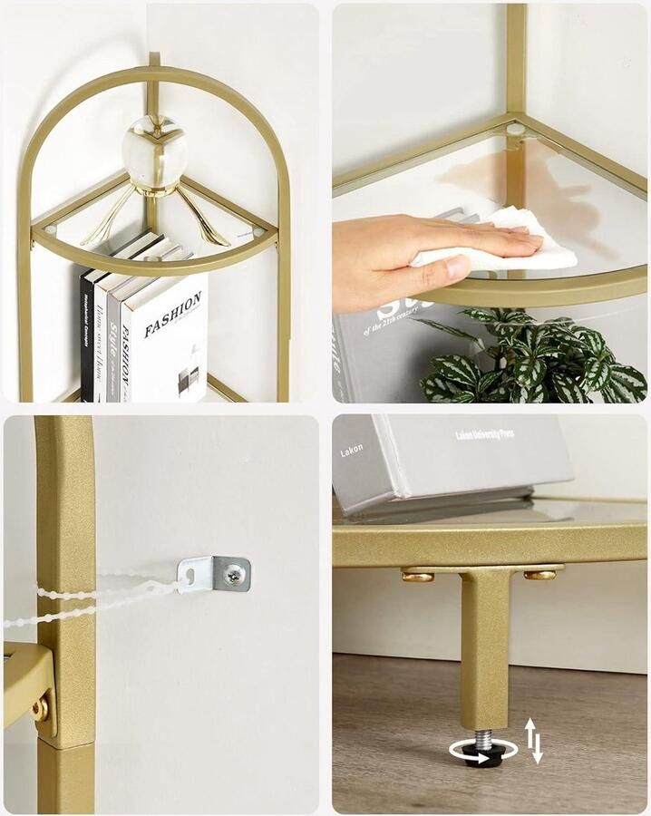 Hoekplank Vrijstaande Plantenstandaard 5 Verdiepingen Glazen Planken Hoge Opbergplanken Moderne Stijl Gouden Kleur