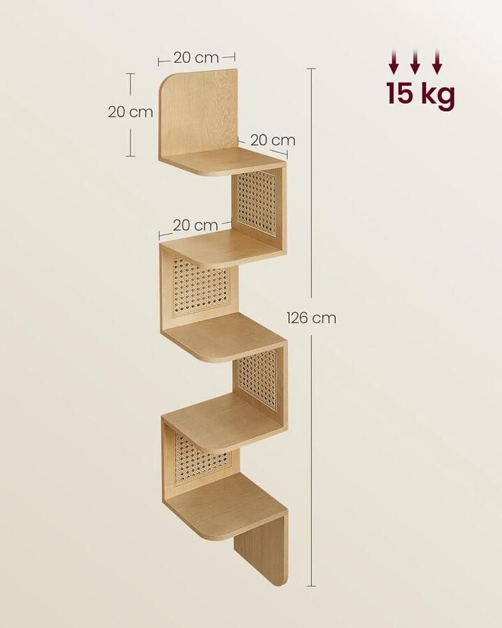 Hoekplank Wandplank Zwevende Plank 5 Niveaus PVC Rotan Zigzagvorm Ruimtebesparend Keuken Slaapkamer Woonkamer Boho Stijl Eiken Beige corner shelf wall