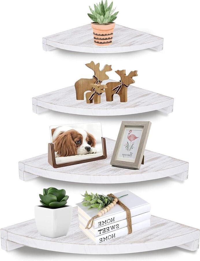 Hoekplank wandrek 4 niveaus rustiek paulownia-hout wit decoratie voor woonkamer slaapkamer corner shelf wall