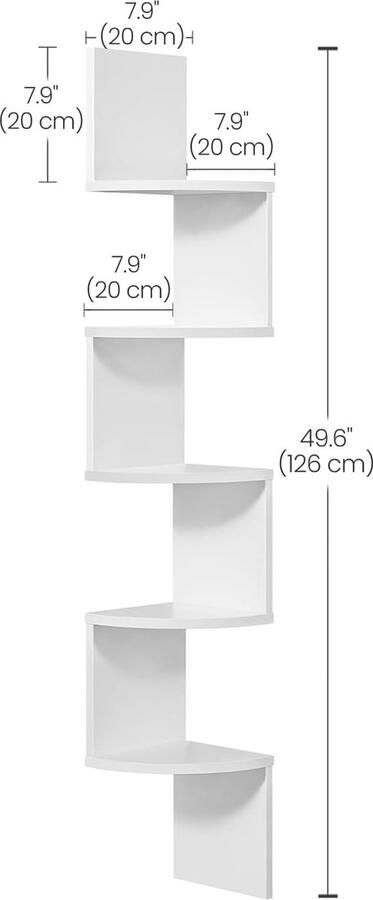 Hoekplank wandplank met 5 planken zwevende plank -20D x 20B x 126H centimeter -S-vorm voor keuken slaapkamer woonkamer studeerkamer kantoor wit