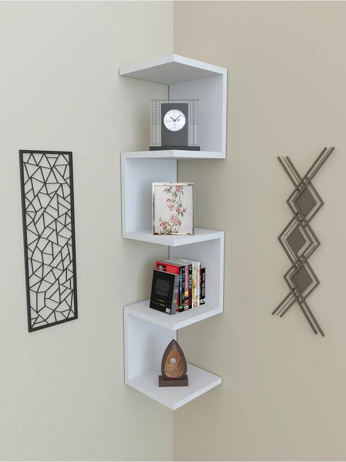Hoekplank zigzag wandplank Boekenhoek met 5 Planken Mdf Wit