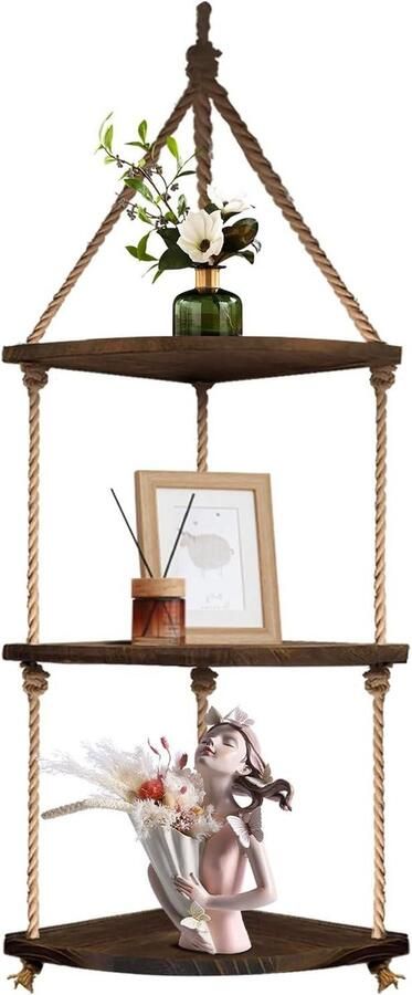Hoekrek 3 etages hangend met touw Houten zwevende planken Rustieke wandplank voor planten en potten
