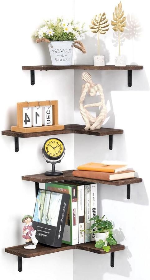 Hoekrek Hangend Hoekrek Houten Wandplank Set van 4 Donkerbruin Vintage