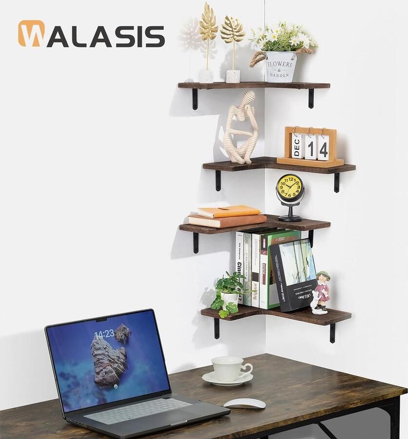 Hoekrek hangend hoekrek muur set van 4 houten wandplank vintage houten plank rustieke wanddecoratie donkerbruin