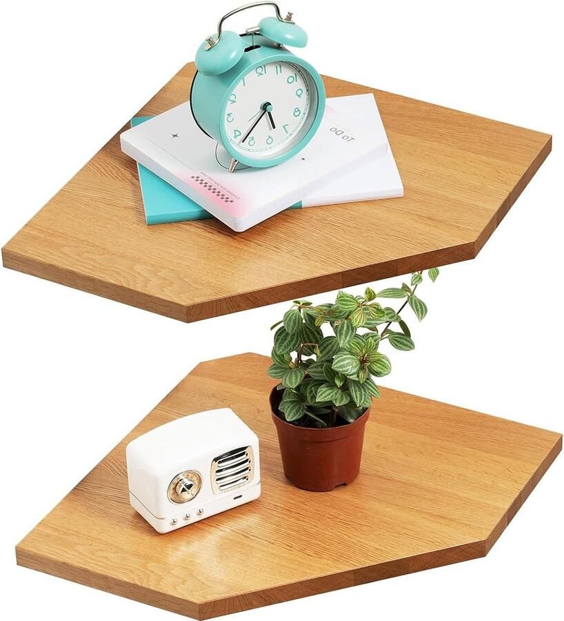 Hoekrek hangend hout set van 2 eiken massief houten hoekplank wandrek vintage landhuisstijl slaapkamer woonkamer diamantvorm met draadgat corner shelf wall