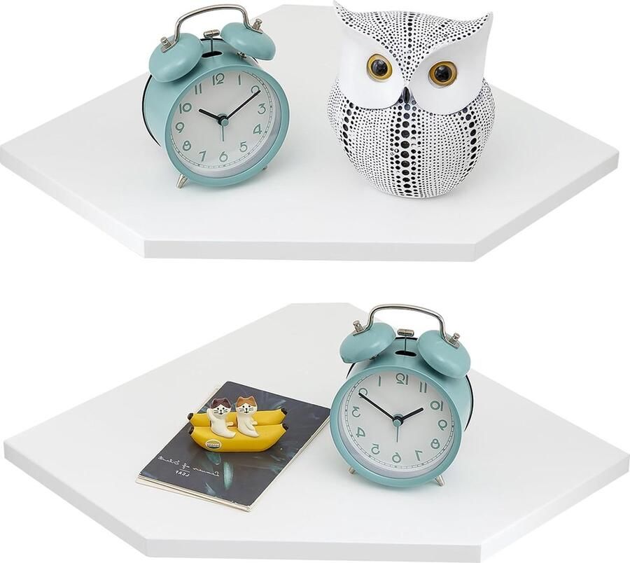 Goodivery Hoekrek hangend wit set van 2 eiken massief houten hoekplank wandrek hout vintage landhuisstijl rek voor slaapkamer woonkamer diamantvorm met draadgat