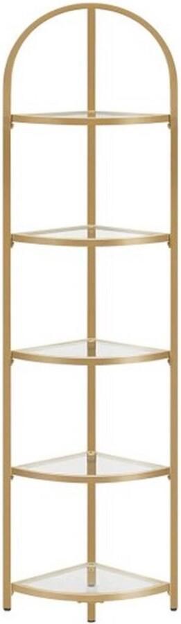 Hoekrek met 5 etages boekenkast staand rek metalen frame planken van gehard glas roestvrij woonkamer slaapkamer keuken badkamer modern goudkleurig