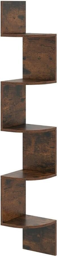 Hoekrek met 5 Niveaus – Drijvende Wandplank – Moderne Wandopberger met Houten Steun – Rustiek Bruin