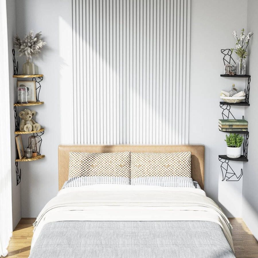 Pasamer Hoekrek voor de muur 4 verdiepingen zwevend rek van hout hondenvormig wandrek voor slaapkamer woonkamer badkamer keuken kantoor en meer bruin - Foto 3