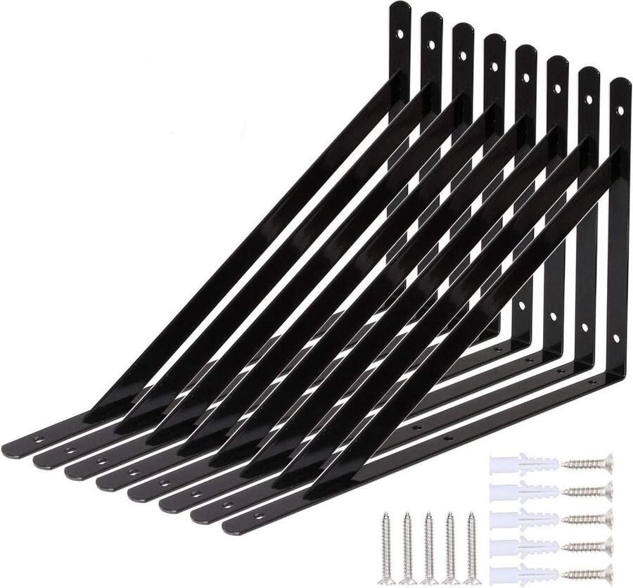 Hoekrek wandrek 8 stuks driehoekige beugels 90 graden staal plankhoek 300 mm x 190 mm houder schroeven en ankers zwart