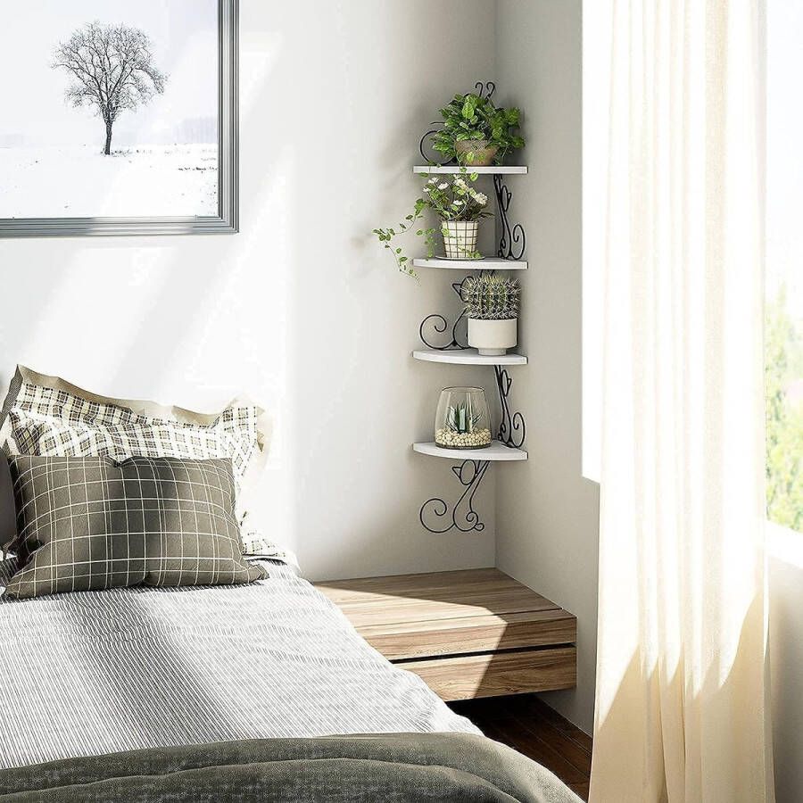 Hoekrek wandrek van massief hout kattenvorm zwevend rek decoratie voor woonkamer slaapkamer keuken kantoor 4 planken modern en eenvoudig wit