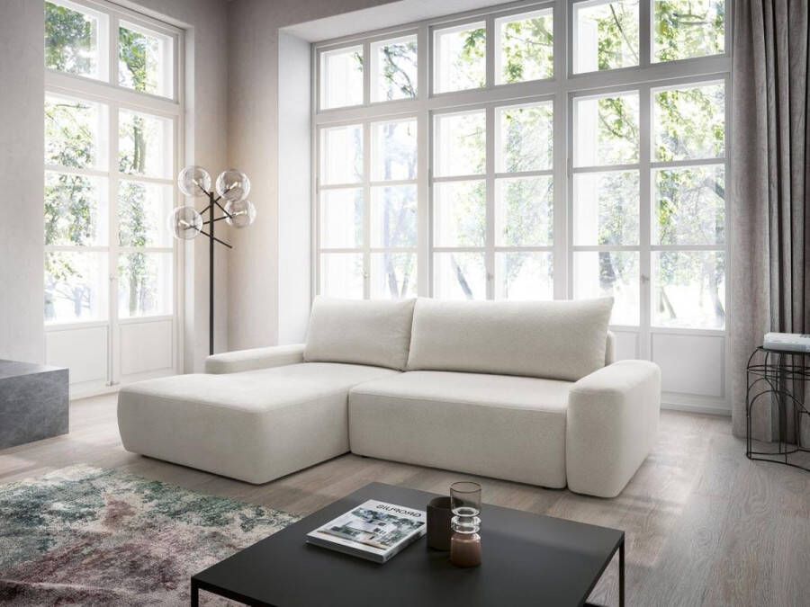 Vente-unique Hoekslaapbank met hoek links van crèmewitte stof met textuur DAVISO L 264 cm x H 87 cm x D 162 cm