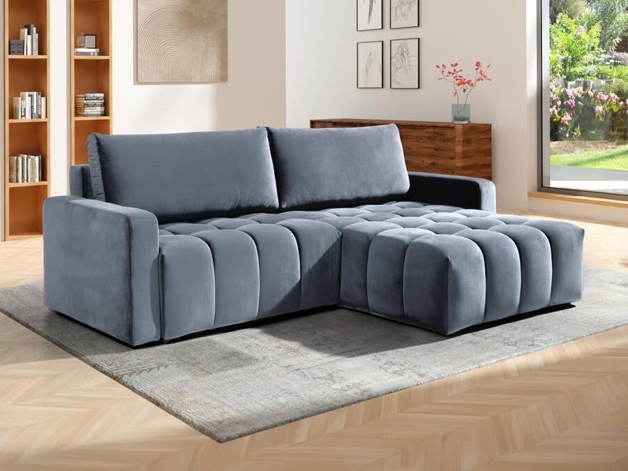 Hoekslaapbank met hoek rechts van grijs velours ESILIA II L 288 cm x H 95 cm x D 180 cm