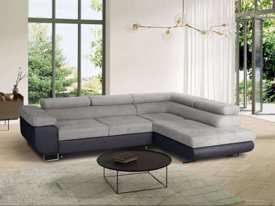 Hoekslaapbank met hoek rechts van licht- en donkergrijze stof en kunstleer KERIO II L 273 cm x H 90 cm x D 200 cm